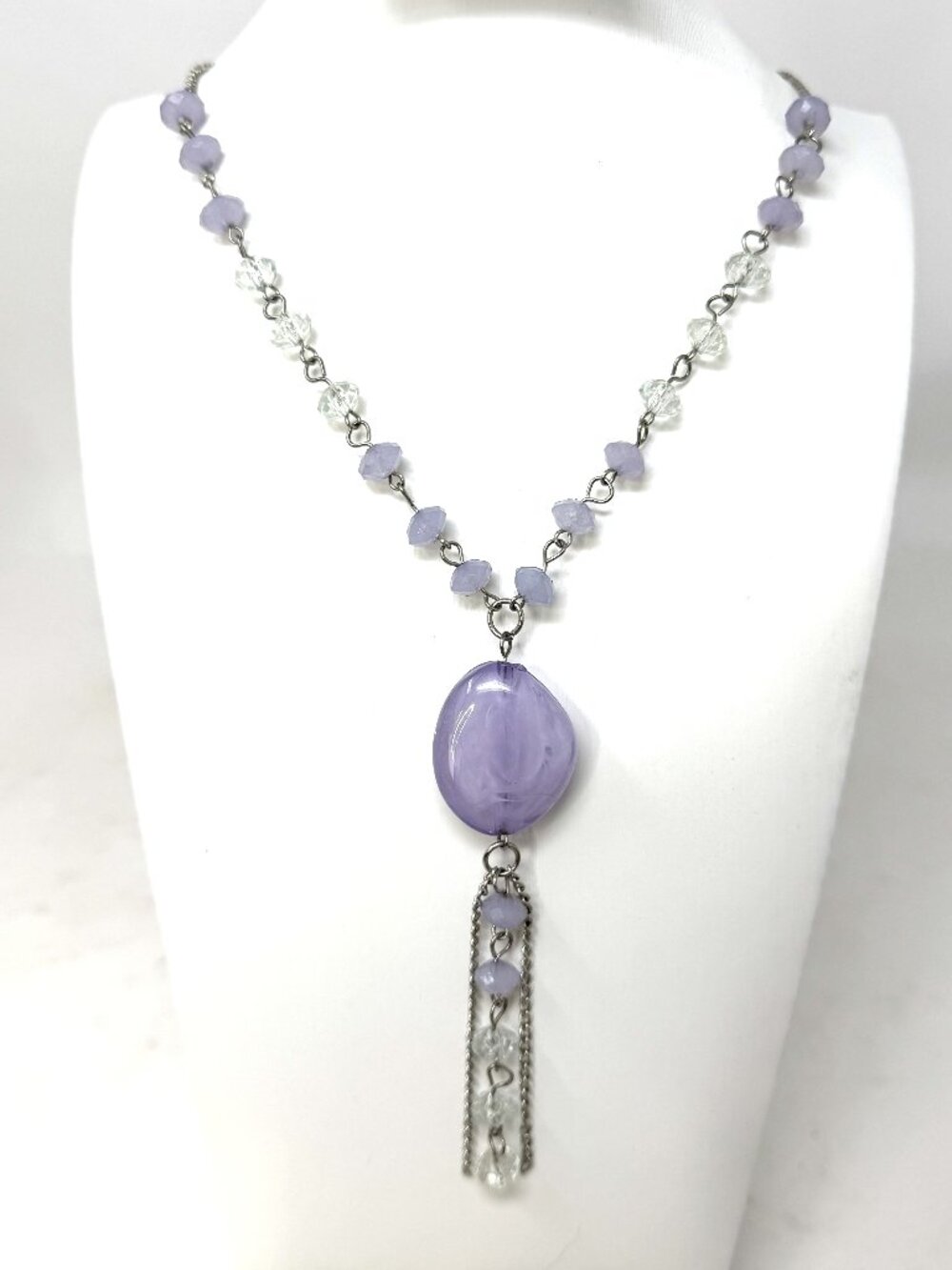 Unmarked Woman’s Necklace Purple Acrylic Beads Long Pendant Silver Tone Chain